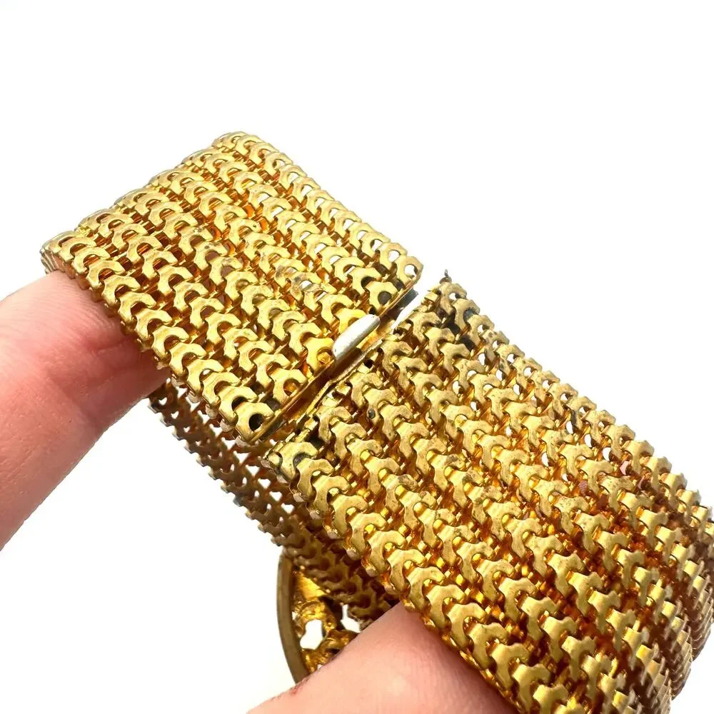 Vintage Victorian Revival gold tone hand painted portrait mesh bracelet